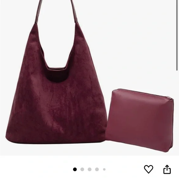 Women's Suede Hobo Bag with Matching Pouch - Burgundy - Picture 1 of 3
